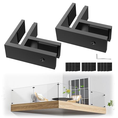 4 Pack Black 90 Degree Railing Glass to Glass Clamp No Drilled Required, T304 Railing Clip Fit for 3/8"-1/2"(10mm-13mm) Thinkness Balustrade, Double Sided Bracket Holder for Fence, Balcony Deck