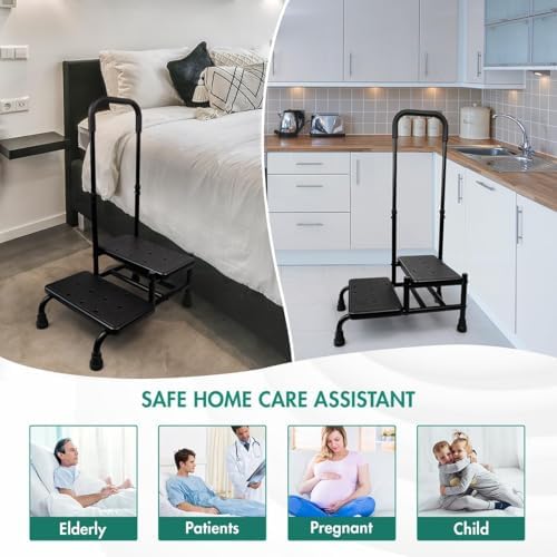 2 Step Stool with Handle, Height Adjustable Stepping Stool, Step Foot Stool with Non-Skid Platform & Luminous Strip, Holds up to 400 Pounds for Kitchen, RV, Car, Bathtub
