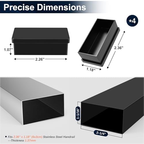 4 Pack Black Stainless Steel End Cap for Handrail, End Handrail Accessories Fit for 2.36" x1.18" Stainless Steel Hand Rail, Rectangular Tube Plug Flat Top Rail for Cable Railing System