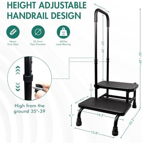 2 Step Stool with Handle, Height Adjustable Stepping Stool, Step Foot Stool with Non-Skid Platform &amp; Luminous Strip, Holds up to 400 Pounds for Kitchen, RV, Car, Bathtub