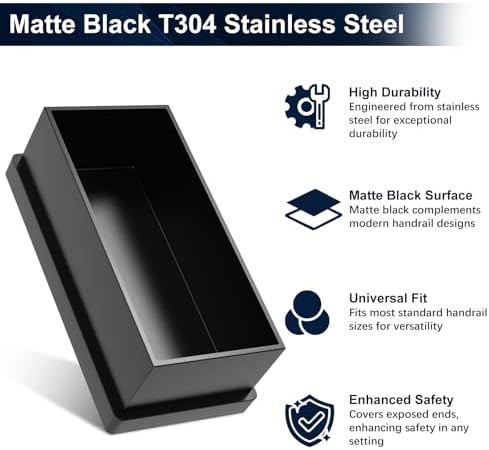 4 Pack Black Stainless Steel End Cap for Handrail, End Handrail Accessories Fit for 2.36" x1.18" Stainless Steel Hand Rail, Rectangular Tube Plug Flat Top Rail for Cable Railing System