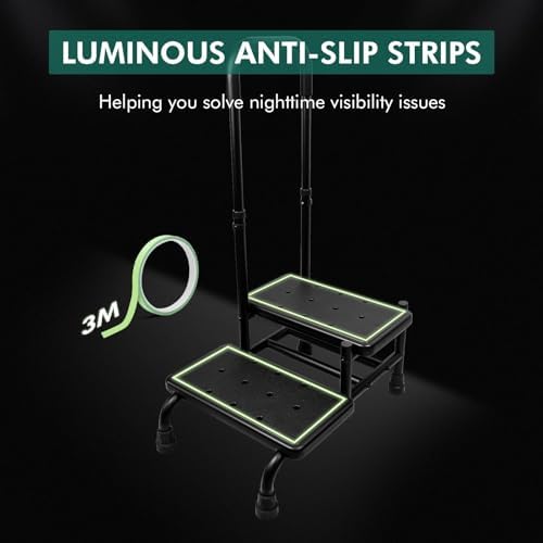 2 Step Stool with Handle, Height Adjustable Stepping Stool, Step Foot Stool with Non-Skid Platform &amp; Luminous Strip, Holds up to 400 Pounds for Kitchen, RV, Car, Bathtub