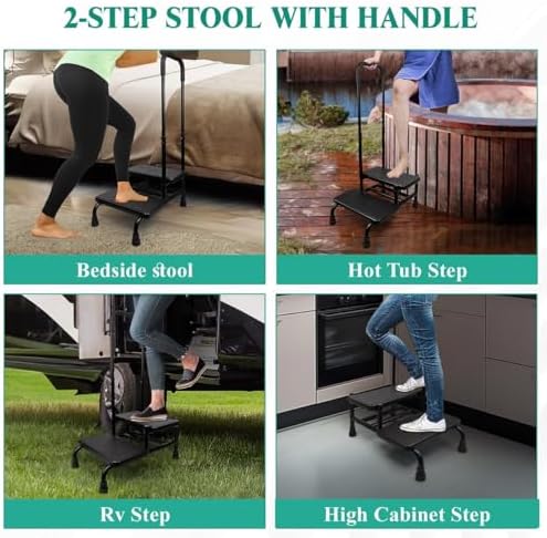 2 Step Stool with Handle, Height Adjustable Stepping Stool, Step Foot Stool with Non-Skid Platform &amp; Luminous Strip, Holds up to 400 Pounds for Kitchen, RV, Car, Bathtub