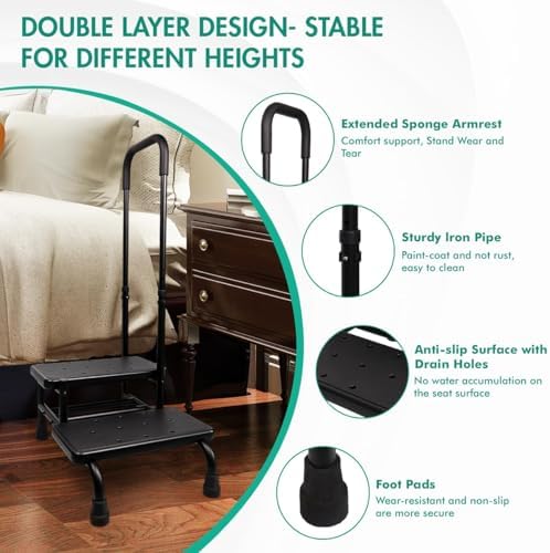 2 Step Stool with Handle, Height Adjustable Stepping Stool, Step Foot Stool with Non-Skid Platform &amp; Luminous Strip, Holds up to 400 Pounds for Kitchen, RV, Car, Bathtub