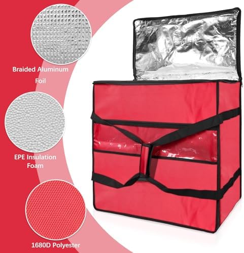 Large Pizza Delivery Bag Insulated 24"x 24" x14", Red Pizza Warmer Bag for Food Delivery, Pizza Carrier Insulated Bags Keep Your Pizza Hot and Fresh, Perfect for Deliveries and Personal Use