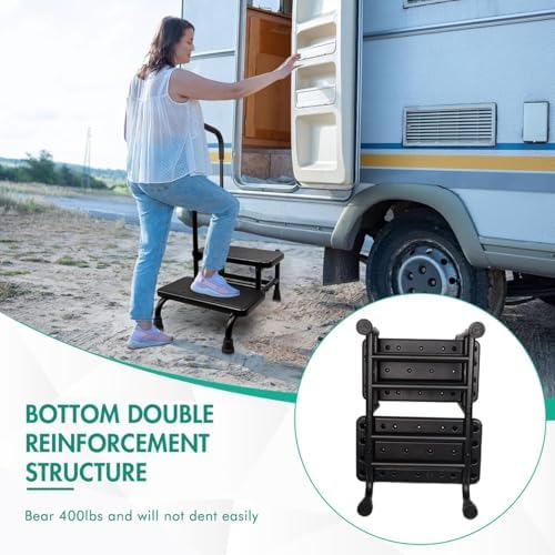 2 Step Stool with Handle, Height Adjustable Stepping Stool, Step Foot Stool with Non-Skid Platform &amp; Luminous Strip, Holds up to 400 Pounds for Kitchen, RV, Car, Bathtub