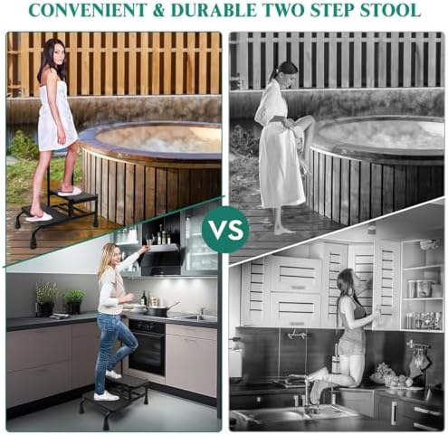 2 Step Stool with Handle, Height Adjustable Stepping Stool, Step Foot Stool with Non-Skid Platform &amp; Luminous Strip, Holds up to 400 Pounds for Kitchen, RV, Car, Bathtub